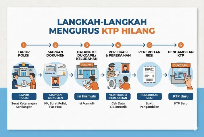 alur diagram langkah langkah mengurus ktp hilang dari laporan polisi hingga pengambilan di dukcapil