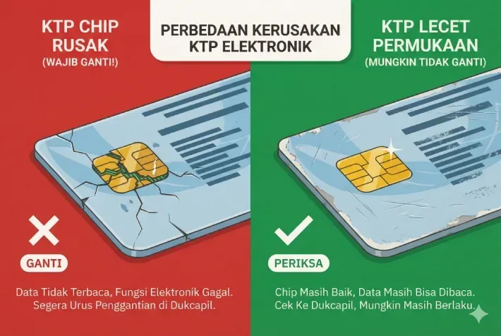 infografis yang menunjukkan perbedaan antara ktp dengan chip rusak