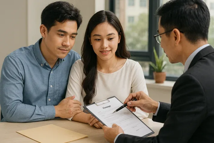 pasangan sedang berkonsultasi mengenai dokumen pernikahan dengan tenaga professional